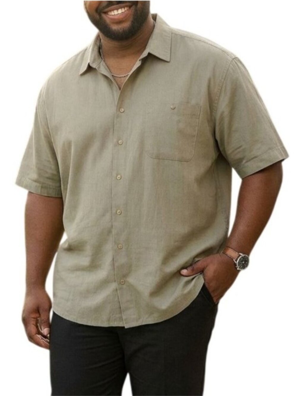 Trust Mens Size 3X Shirt Button-Up Short Sleeve Olive Chest Pocket Linen Blend